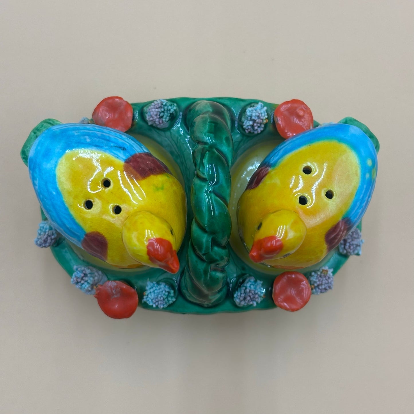 Vintage Miniature Ceramic Chicken Salt & Pepper Shakers in Basket