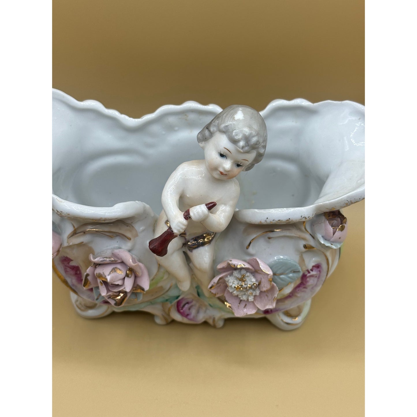 Victorian Cherub Porcelain Planter with Roses