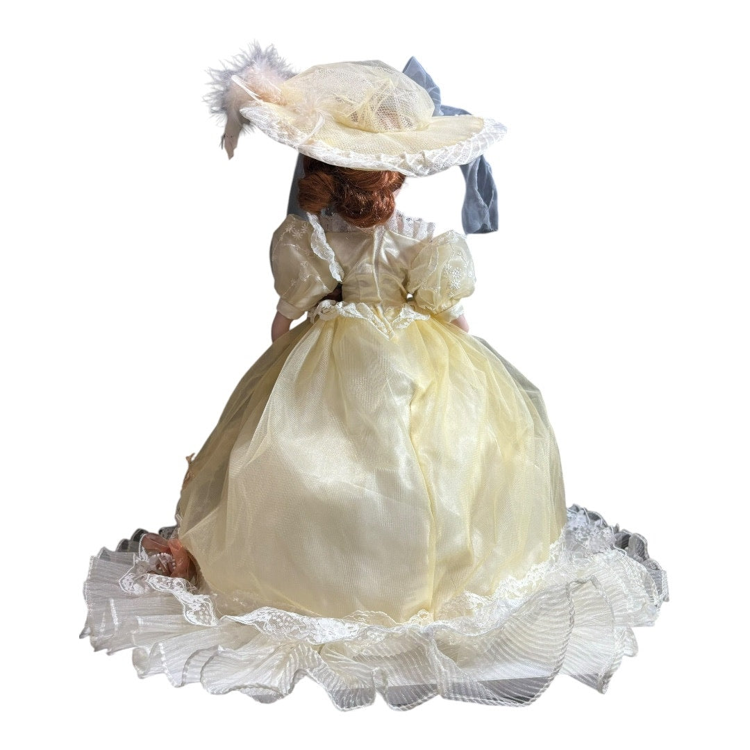 📦 VTG Victorian Style 21" Porcelain Doll - Yellow Ball Gown with Parasol