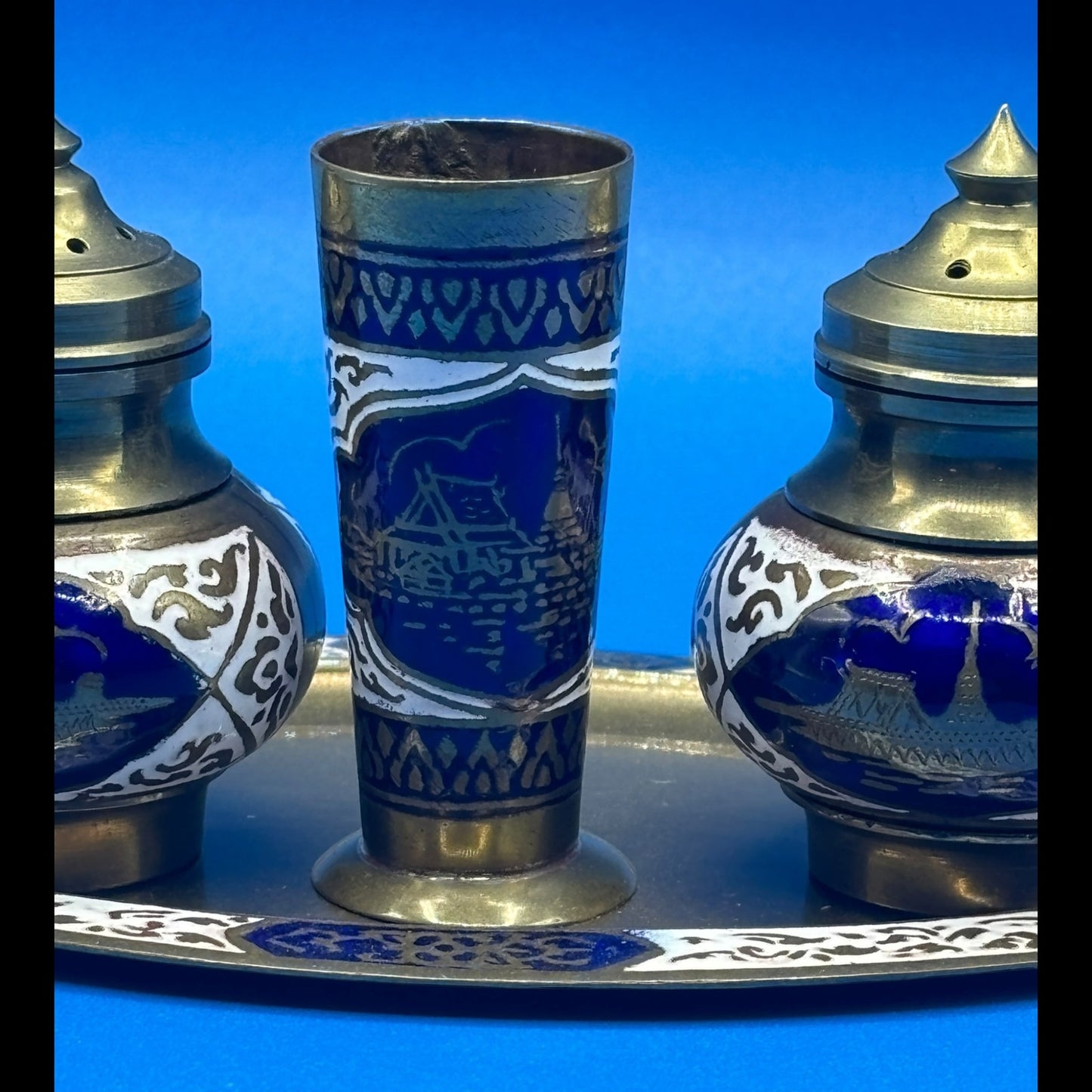 Vintage Asian Brass Salt & Pepper Shaker Set with Toothpick Holder & Tray