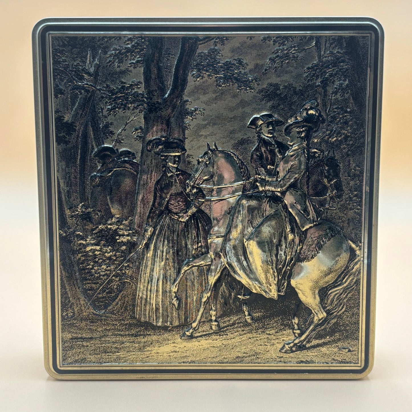 VTG French Victorian Biscuit Tin - Gold Embossed Scene