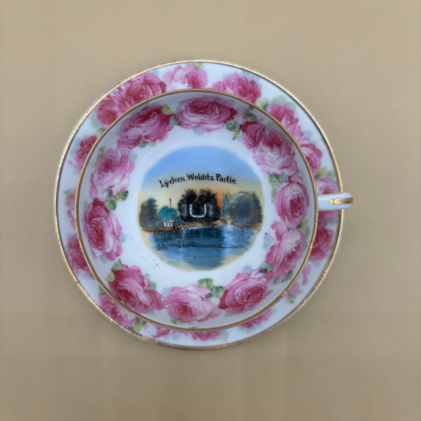 Vintage "Lychen Wohlitz Partie" Souvenir Tea Cup & Saucer with Pink Roses