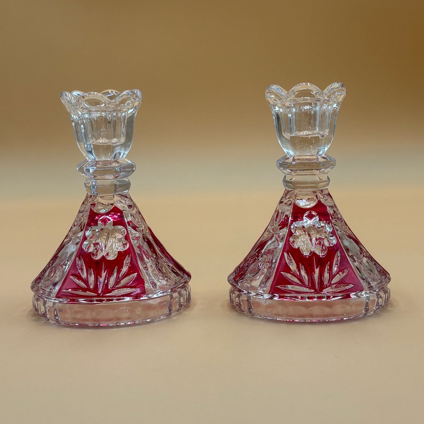 VTG Crystal Taper Candleholders - Ruby Red Cut Glass - Set of 2