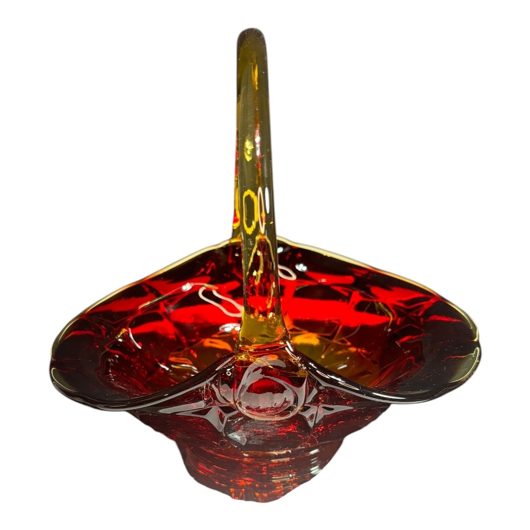 Amberina Tiara Glass Basket Sunset Constellation Pattern Red to Orange Ombré 8” Vintage J.D. Handle