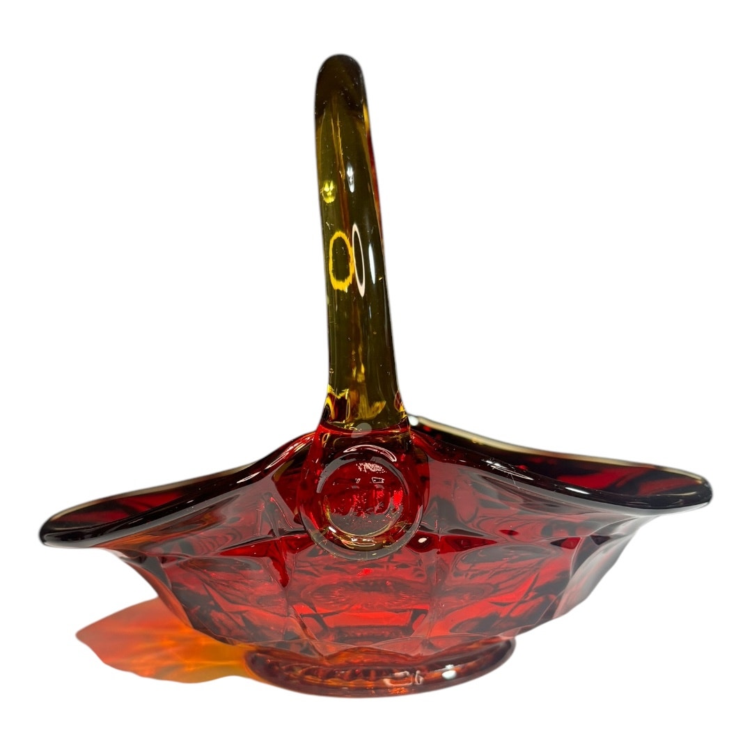 Amberina Tiara Glass Basket Sunset Constellation Pattern Red to Orange Ombré 8” Vintage J.D. Handle