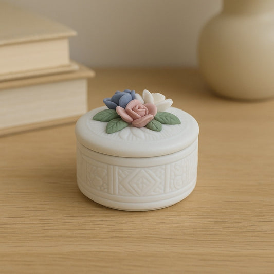 Vintage 1990s Porcelain Trinket Box – Floral Detail – Blue, Pink & White Flowers