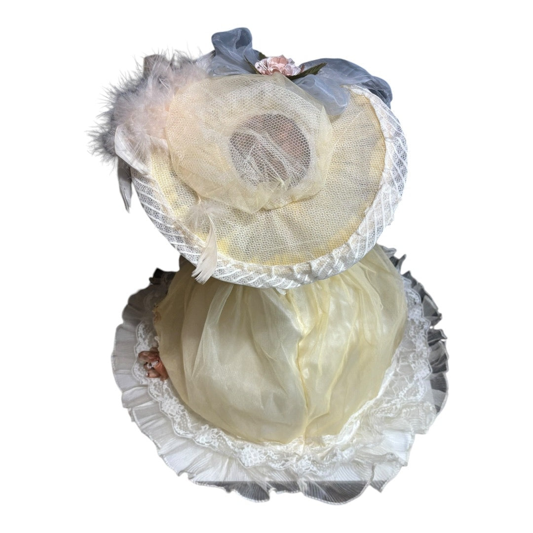 📦 VTG Victorian Style 21" Porcelain Doll - Yellow Ball Gown with Parasol