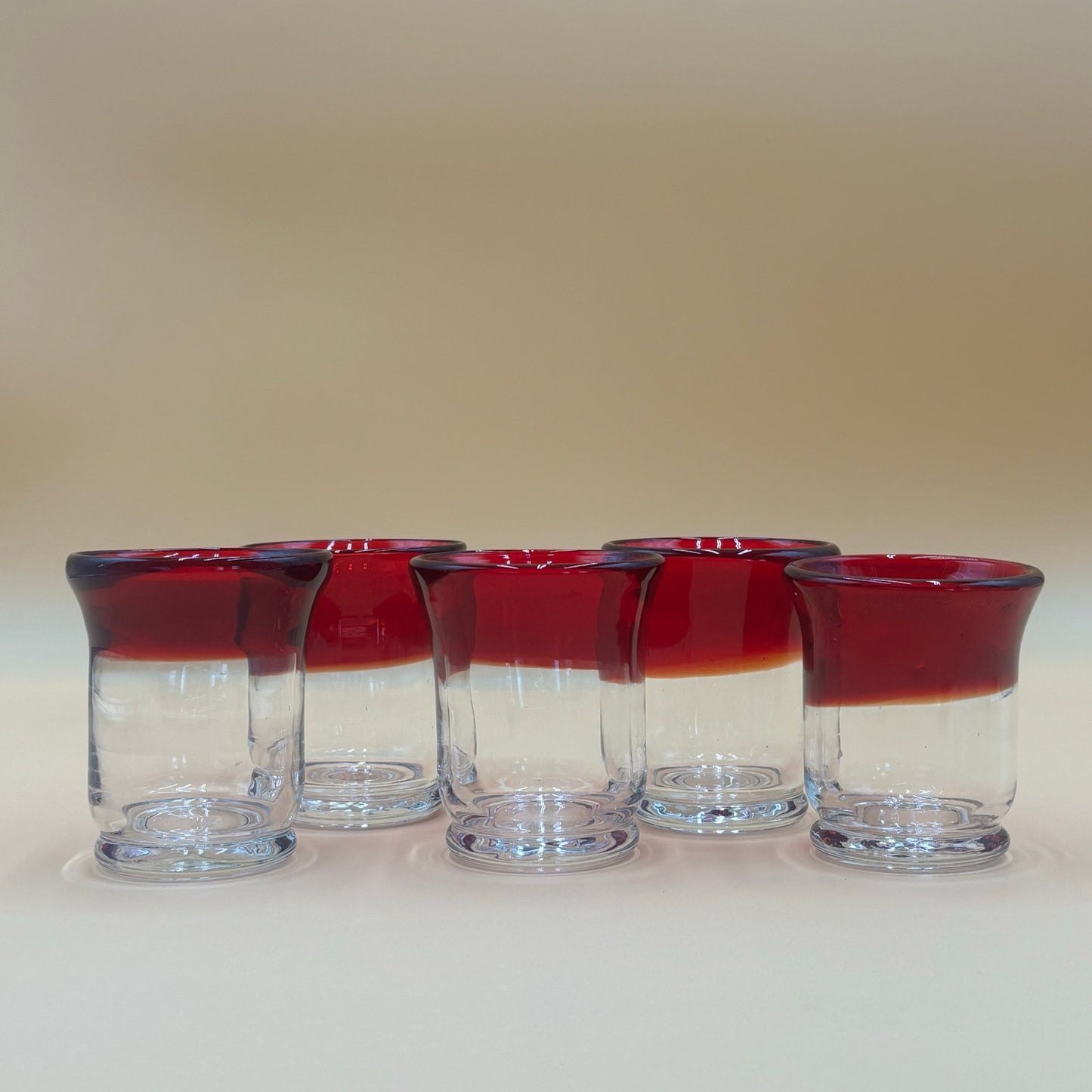 Set of 5 Hand Blown Art Glass Candleholders - Ruby Red and Clear