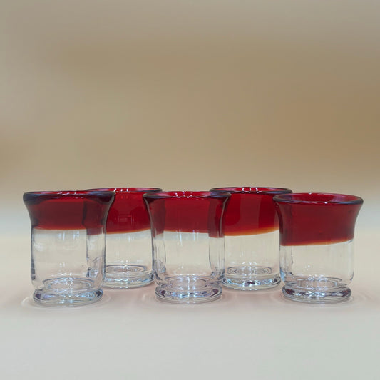 Set of 5 Hand Blown Art Glass Candleholders - Ruby Red and Clear