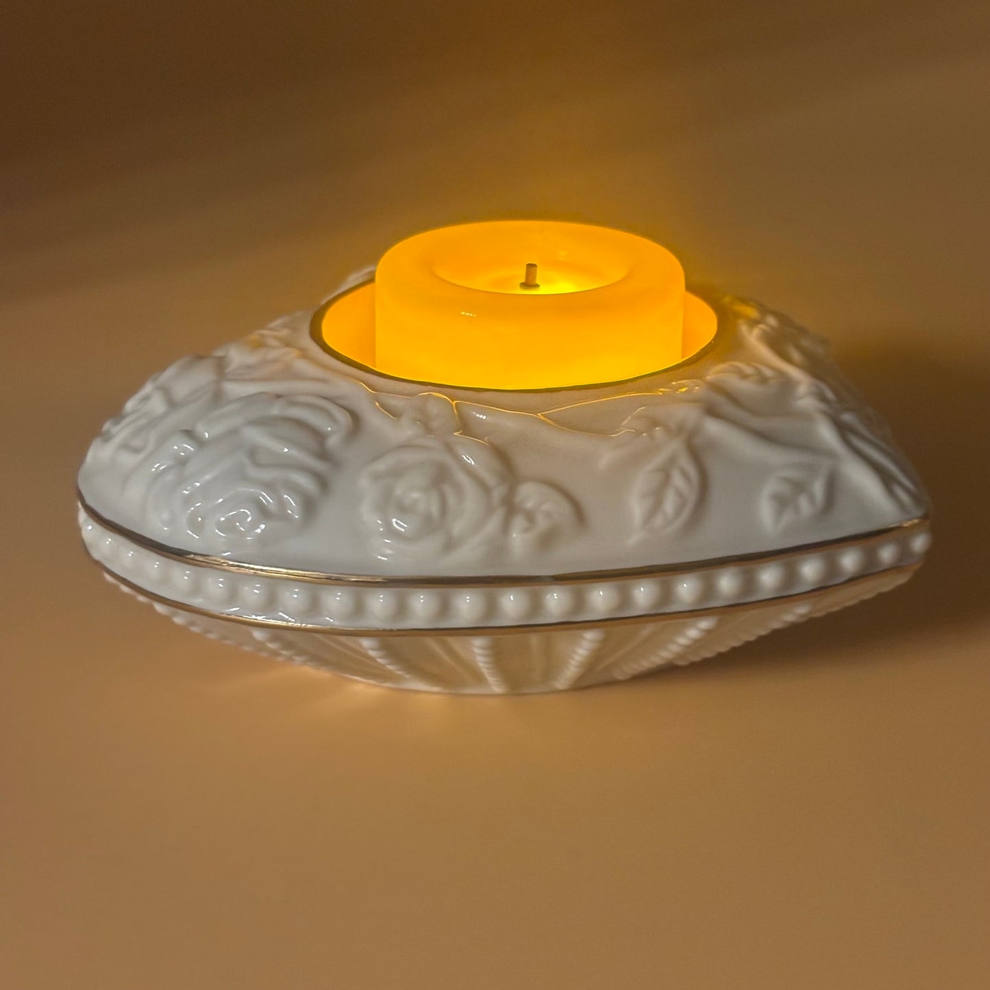1980s Lenox Porcelain Ivory Heart Votive Candle Holder