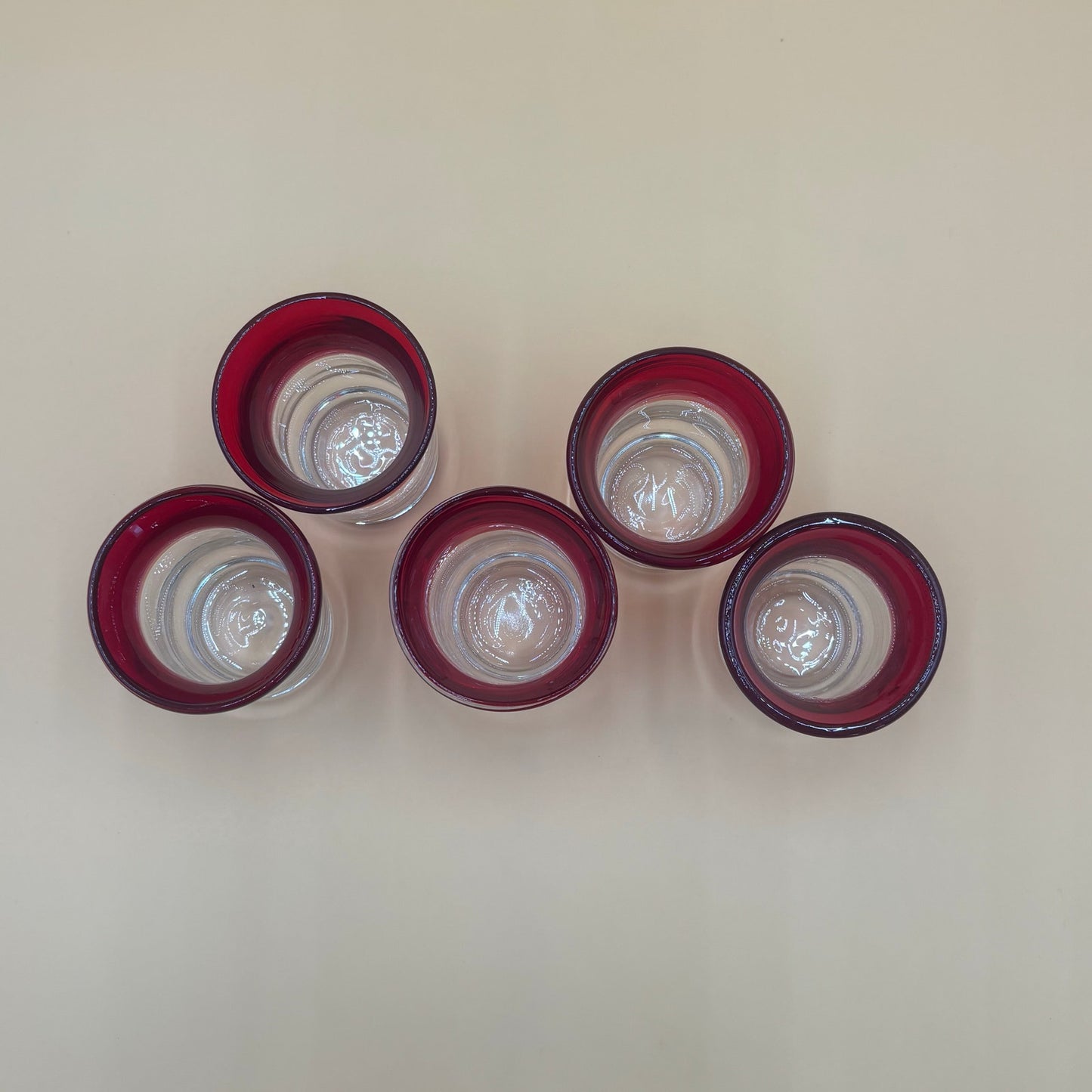 Set of 5 Hand Blown Art Glass Candleholders - Ruby Red and Clear