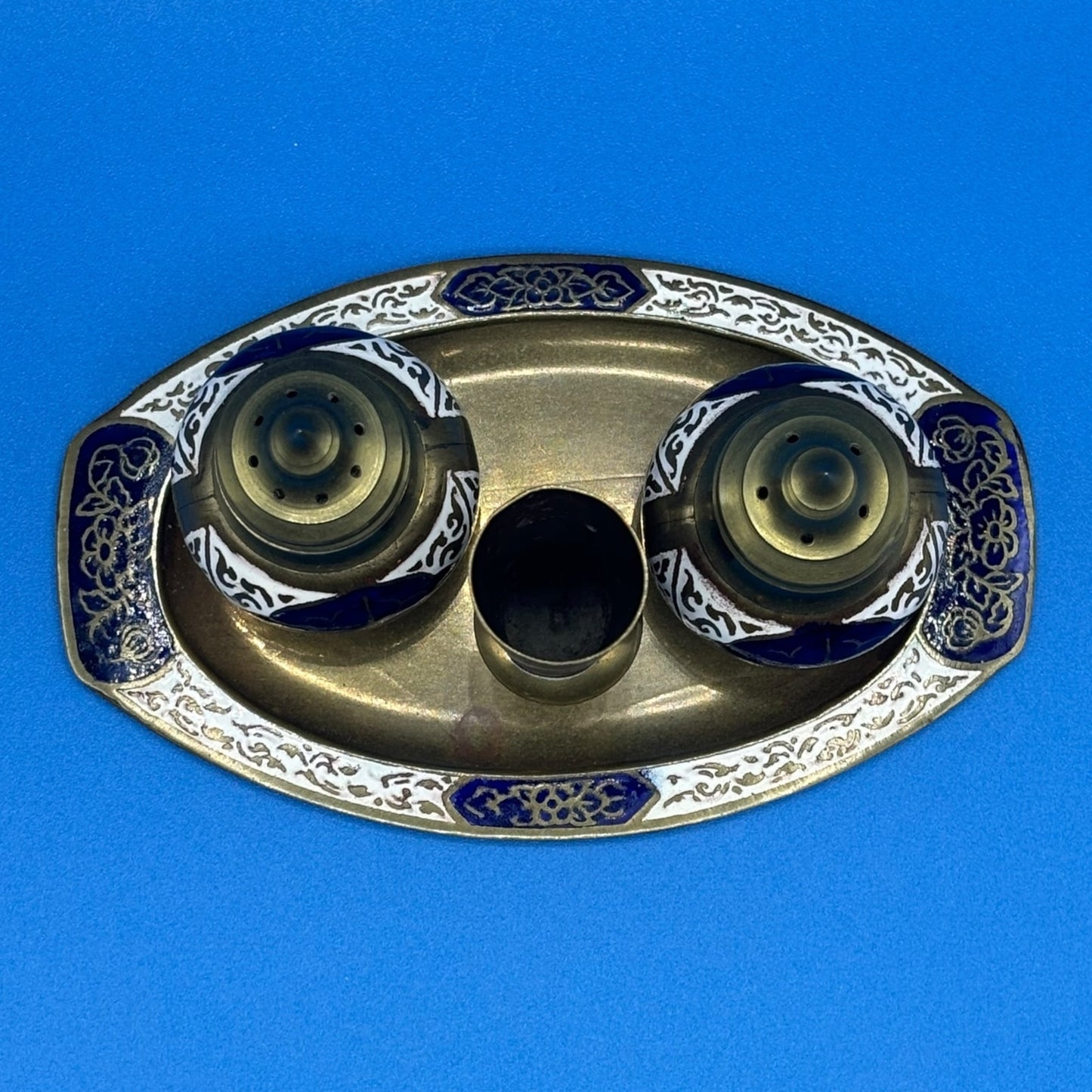 Vintage Asian Brass Salt & Pepper Shaker Set with Toothpick Holder & Tray