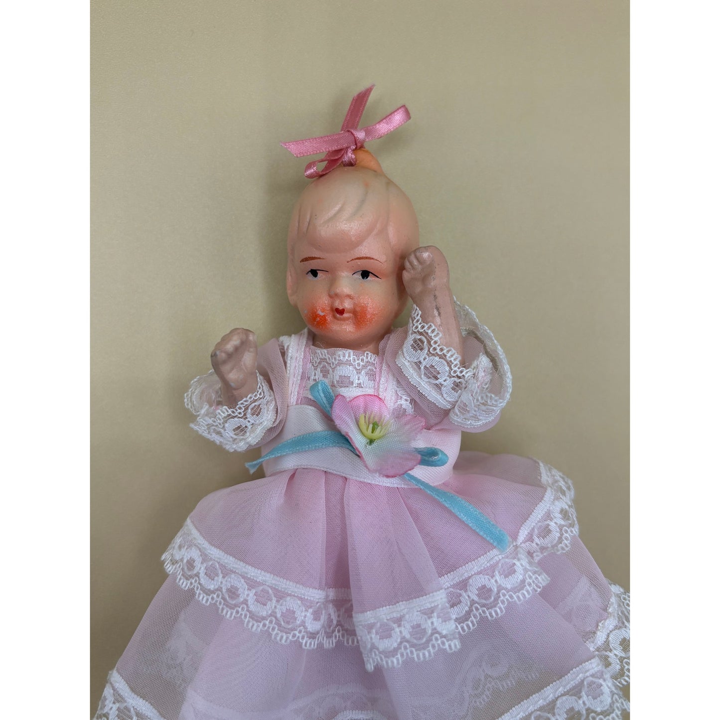 Fragile Doll with Movable Parts 6.5" - Made in Japan, Pink Dress with Bow Ornament
