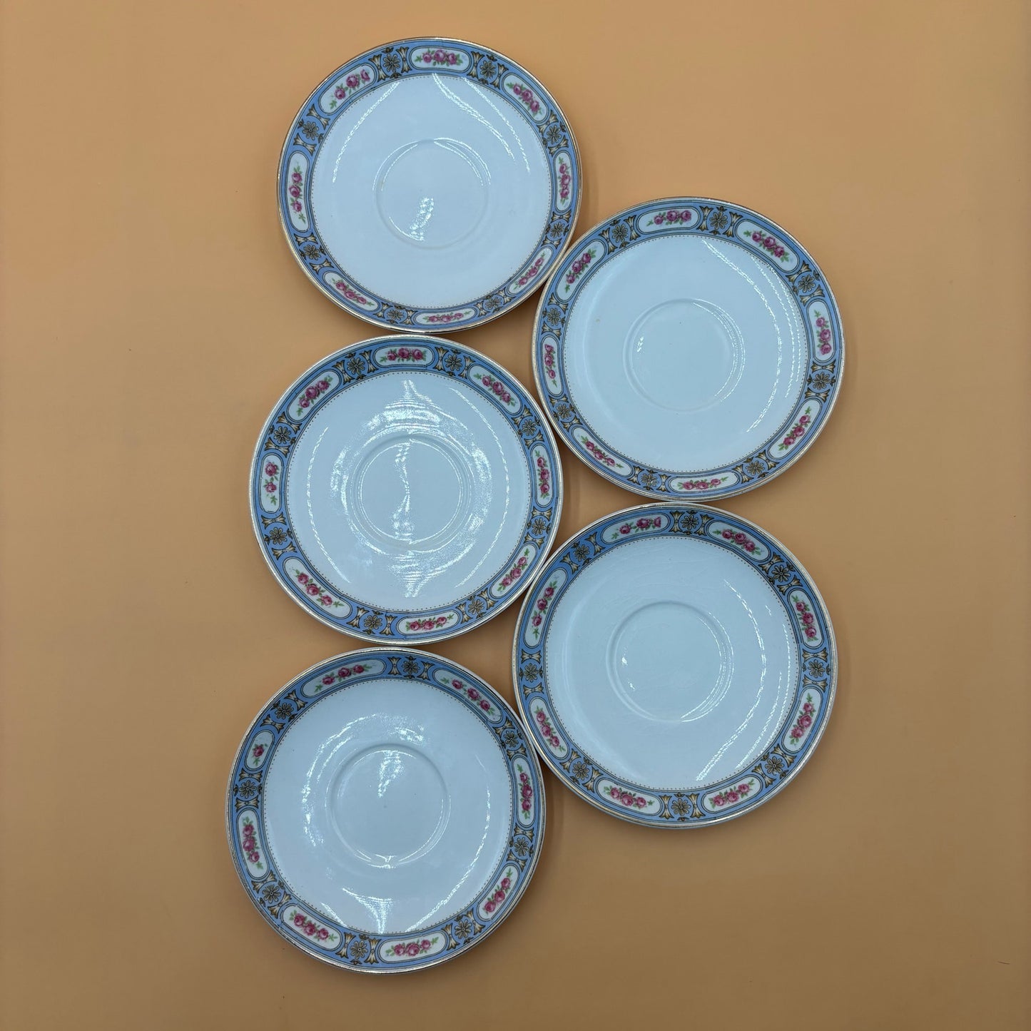 8 Antique Grindley England Saucers - Blue Rose Border c.1900-1921