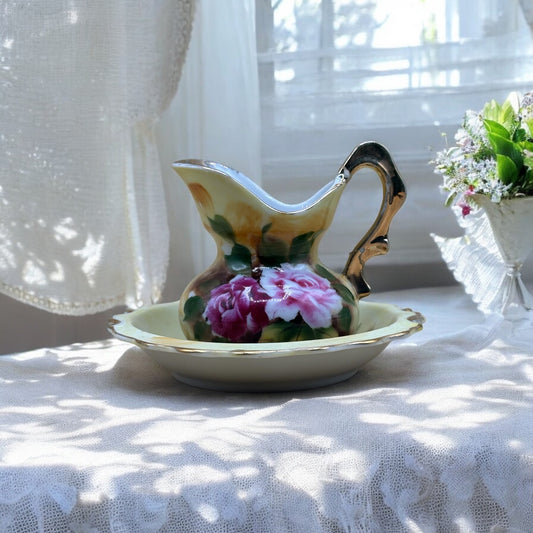 Vintage Enesco® Porcelain Mini Pitcher and Bowl Wash Basin Set w/Pink Roses E2359