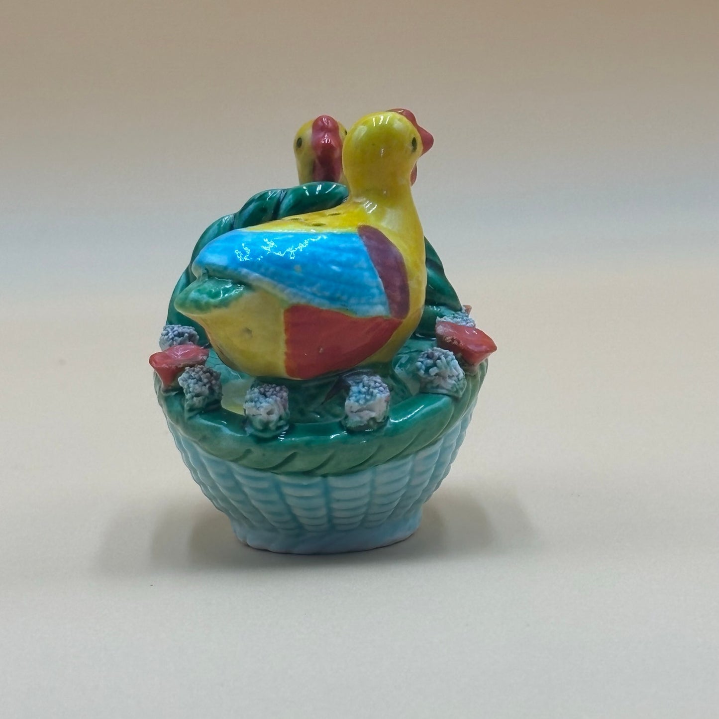 Vintage Miniature Ceramic Chicken Salt & Pepper Shakers in Basket